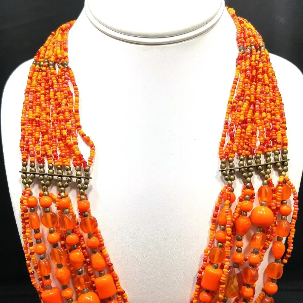 Vintage Czech Glass Bead Necklace, Orange Multistrand Boho Jewelry, 23 Inch